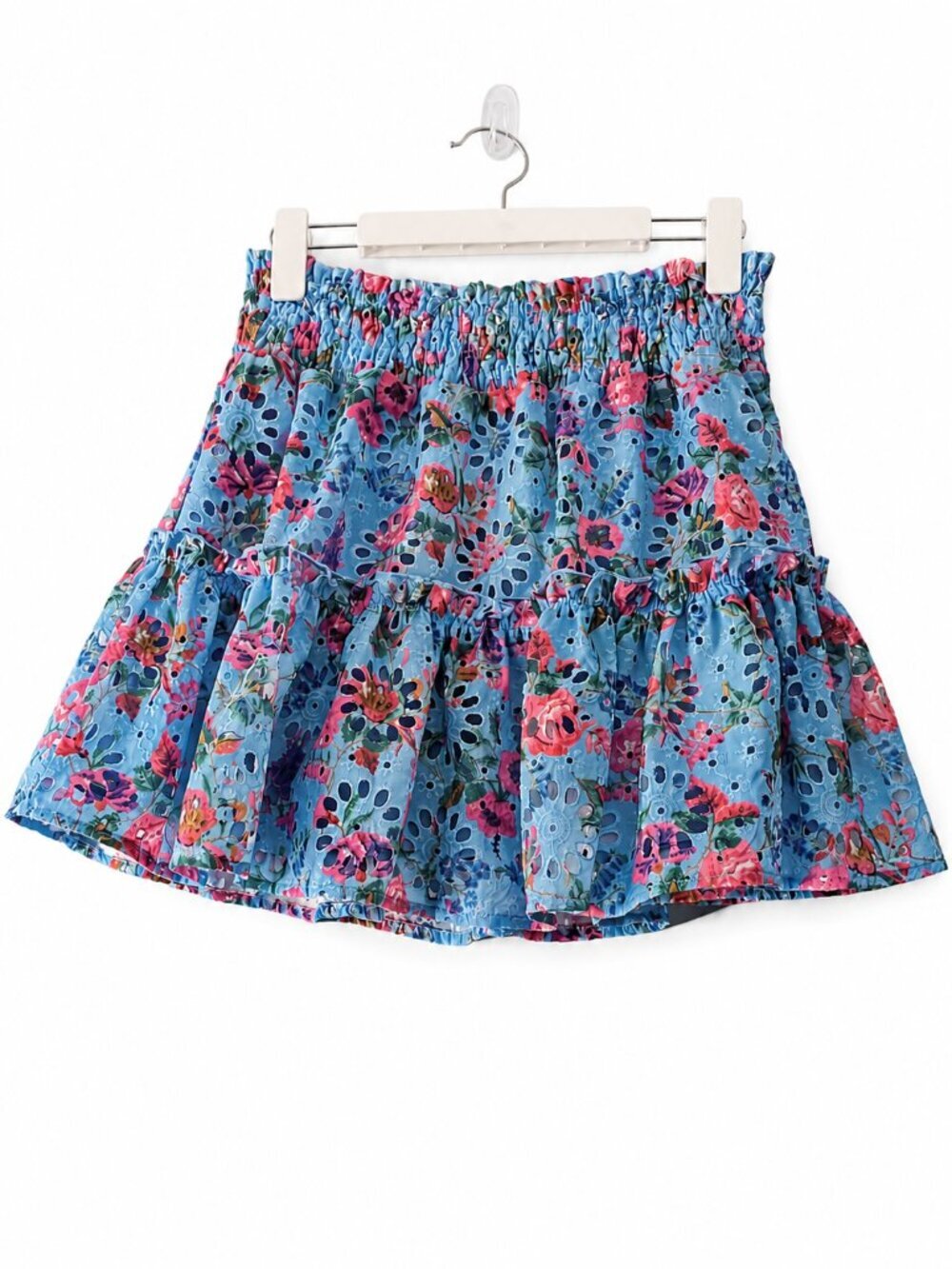 Ultramarine Blue Floral Eyelet Tiered Mini Skirt Size S